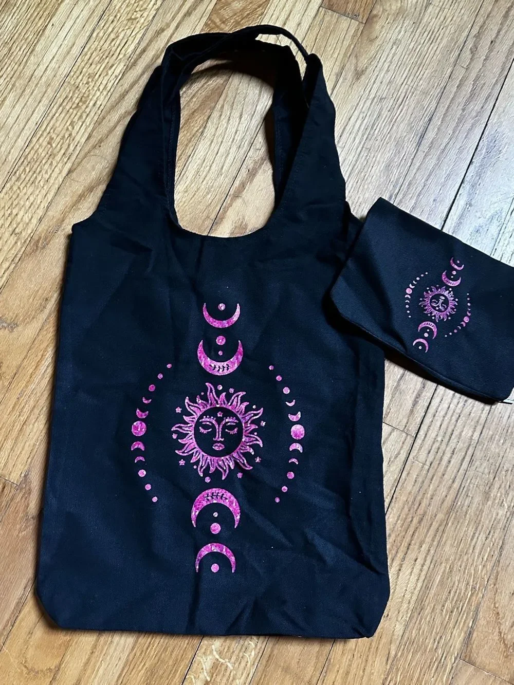 Black Tote & matching coin purse with Pink Sun & Moon Design